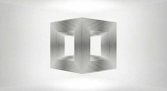 Striking geometric metal cube structure with a polished silver finish and a reflective gradient plays with perception, suggesting a paradox or optical illusion in a luminous environment