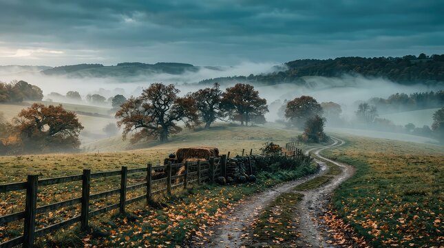 Misty autumn countryside road with fog and fence. Rural landscape scene featuring eerie morning atmosphere and golden foliage.