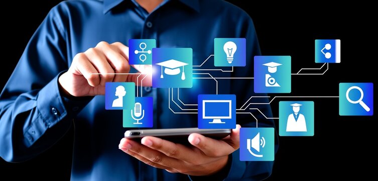 Man interacting with diverse education and technology icons on virtual screen using phone.