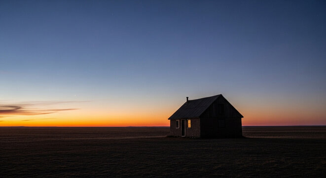 A lone, weathered dwelling stands silhouetted against a vast, open plain during a dramatic twilight, its single window glowing with a warm, inviting light that pierces the deepening dusk