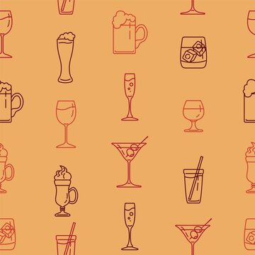 Vector Seamless Pattern of Outline Alcohol Drinks
