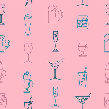 Vector Seamless Pattern of Outline Alcohol Drinks