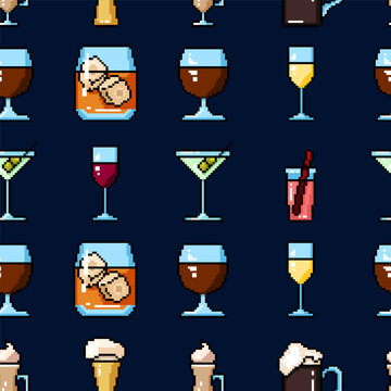 Vector Seamless Pattern of Pixelated Drinks