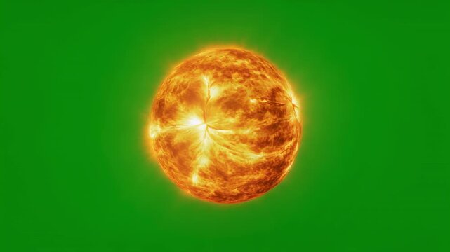Fiery sun spheres rotating on a vibrant green screen background with black spacing
