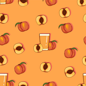 Vector Seamless Pattern of Peach Juice and Fruits