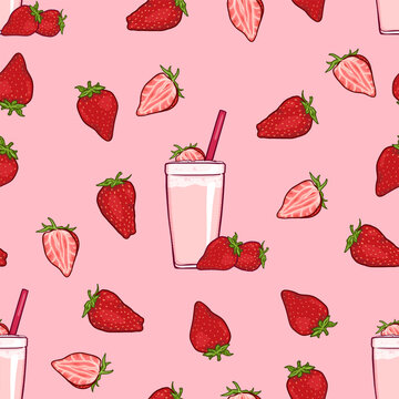 Vector Seamless Pattern of Strawberry Milkshake
