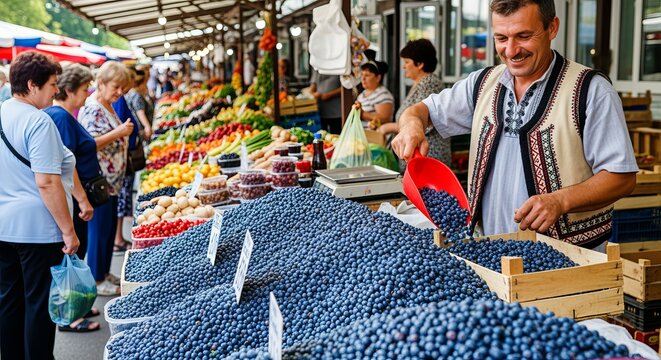 Fresh blueberries being sold at a market in moldova, scooped up with a red utensil