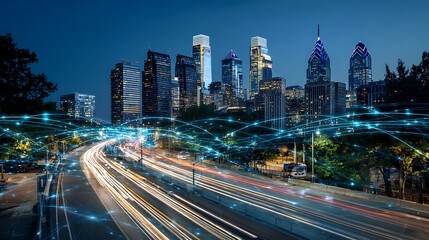 Fototapeta premium Smart city digital transformation development concept. Band lights over modern urban cityscape at night. New fast internet communication 5G technology. Fiber Optics