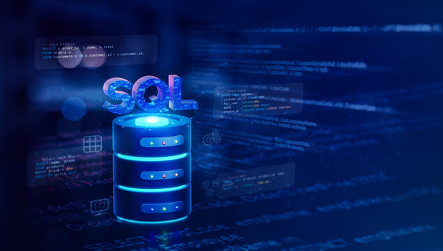 SQL database server with programming code and digital interface illustrating database management, cloud computing, software development, and enterprise data solutions. 3D rendering.
