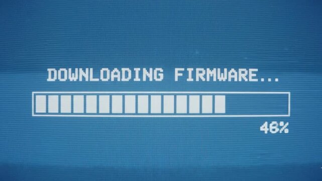 Digital firmware update process on computer screen interface with progress bar download loading software install system