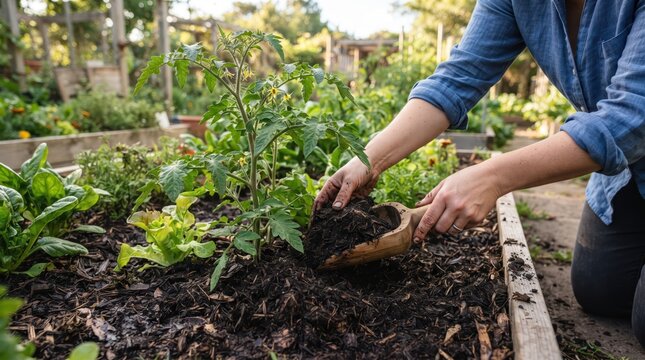 Woman Planting Vegetable Seedlings in Organic Home Garden for Sustainable Agriculture and Healthy Living