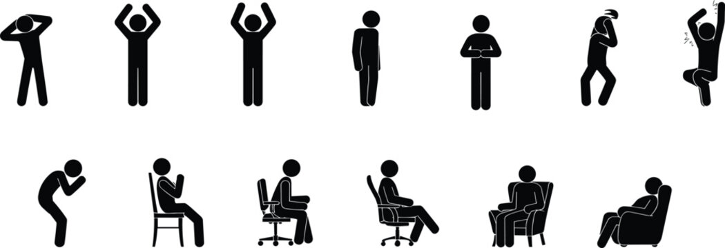Stick figure icons, seated and standing postures, emotional gestures, ergonomic poses, office chairs, body language, vector illustration, black silhouettes