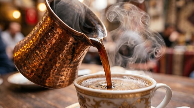 Pouring hot Turkish coffee from a traditional copper pot into a cup with steam.