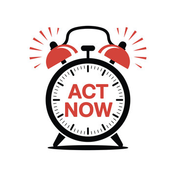 Retro Alarm Clock Vector with Ringing Red Bells and Act Now Text Symbolizing Urgent Reminder Deadline and Time Sensitive Action