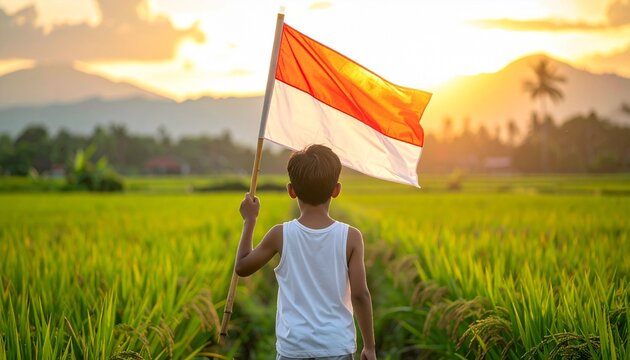 Back view of Asian boy celebrate Indonesia Independence Day on 17 August by hoisting a flag. A kid holding Indonesian Flag with pole during Indonesian independence day
