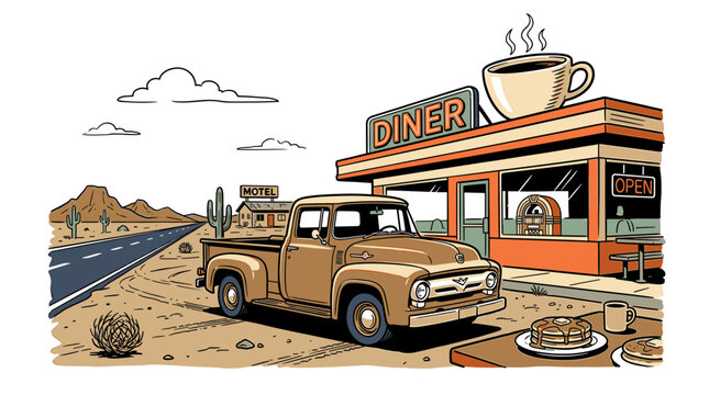 Vintage American roadside diner and pickup truck parked in a desert landscape, retro graphic illustration for travel branding and wall art