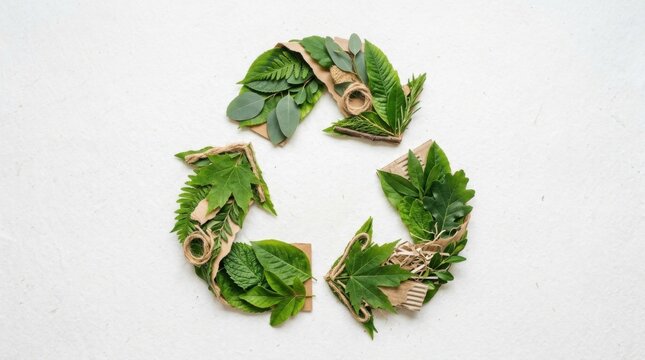 Recycling symbol formed from green leaves and natural twine on white background conveying eco friendly sustainability and environmental conservation message
