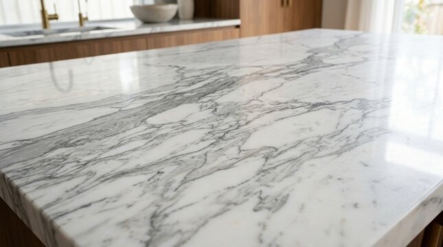 White marble countertop with gray veining in modern kitchen island reflecting soft light and creating elegant polished surface