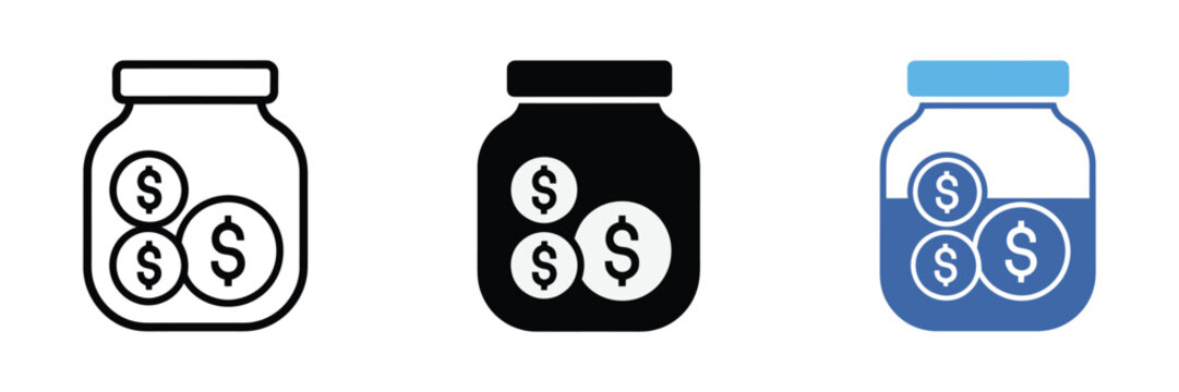 Savings Jar Icon Set Vector Including Money Deposit Glass Jar Dollar Coins and Financial Savings Symbols for Business Budget and Retirement