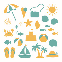 Fototapeta premium Colorful Summer Beach Icon Set Featuring Umbrellas Palm Trees Boats.