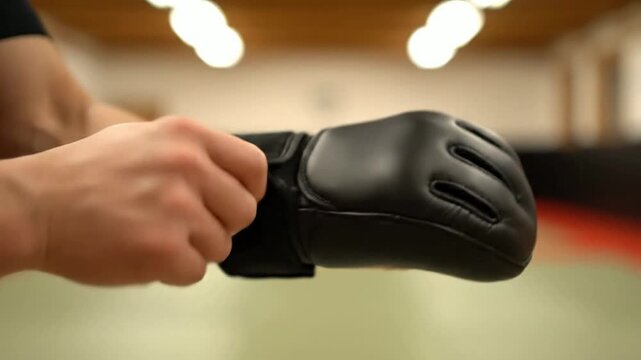 Close-Up of a Person Adjusting a Black Boxing Glove in a Gym for Training or Competition Preparation