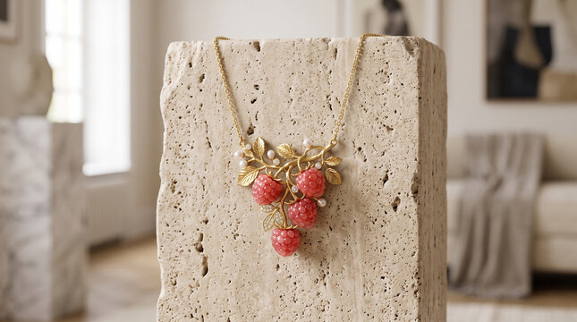 Artisan luxury gold necklace with pink raspberry berries and pearls on stone podium