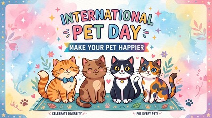 Fototapeta premium International pet day group of diverse cute pets cats standing together make your pet happy banner vector illustration