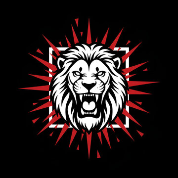 Roaring lion head with red spiky starburst vector illustration isolated on black background