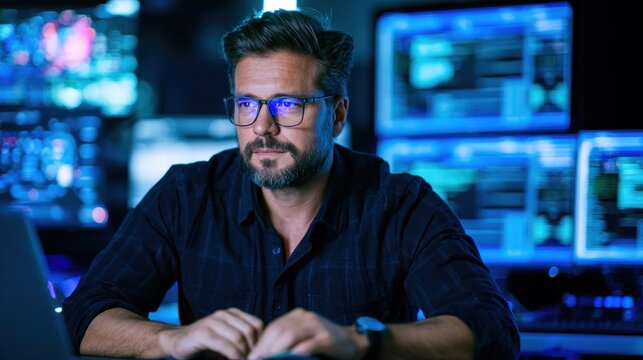 A man wearing glasses, sitting at a computer desk with multiple monitors in a dark, tech-filled office environment.