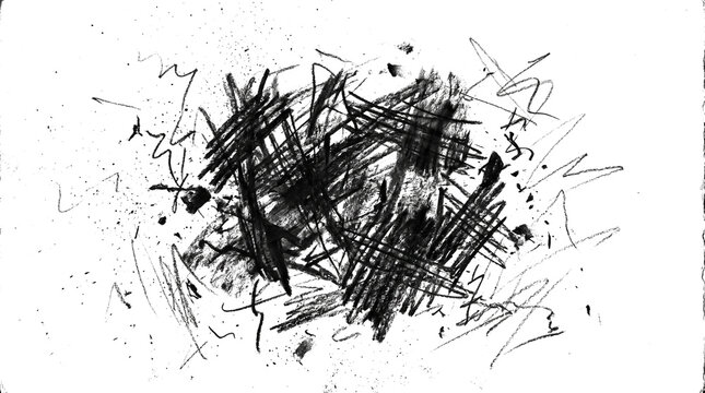 Abstract black charcoal scribble and ink splatter grunge texture, isolated on transparent background