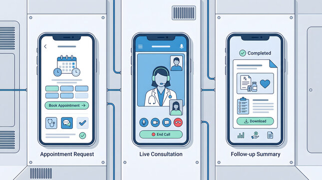Telemedicine service flow shown in three clean steps