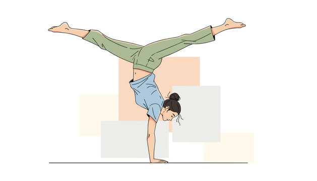 Young female gymnast performing an advanced handstand with wide leg split on minimal geometric background.