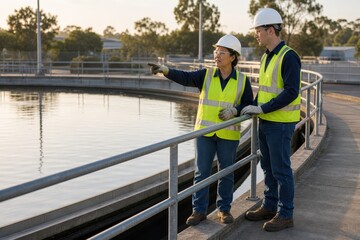Fototapeta premium Wastewater Operator Training Workplace Interaction Clarifier Perimeter