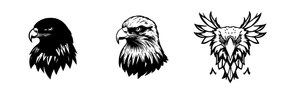 Symmetrical line art set with majestic eagle head featuring predatory bird style, modern bold style with white background and clean lines