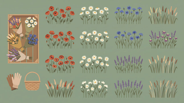 Minimal Top-Down Wildflower Meadow with Cornflowers, Daisies, Poppies and Lavender