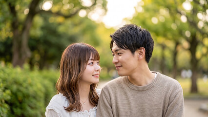 Fototapeta premium Young Japanese couple looking at each other lovingly with a gentle smile in a lush green park during daylight