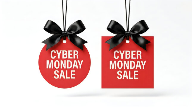 Red cyber monday sale tags with black ribbon bows isolated on a white background for retail marketing