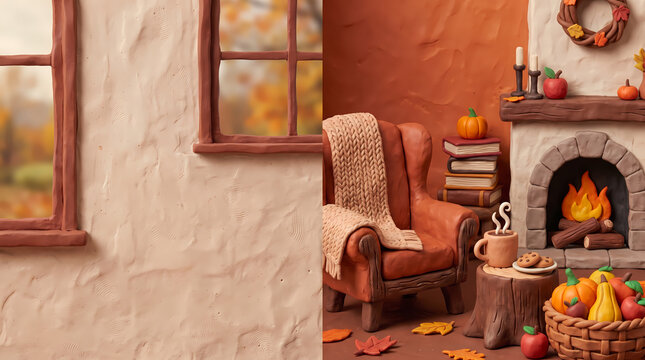 Handcrafted Clay Autumn Harvest Table with Copy Space Left