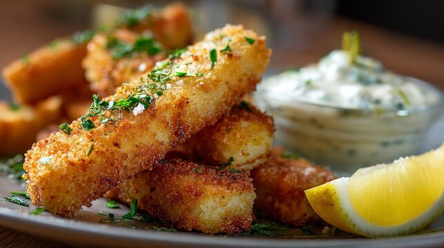 Delicious plate of crispy fried fish sticks with tartar sauce