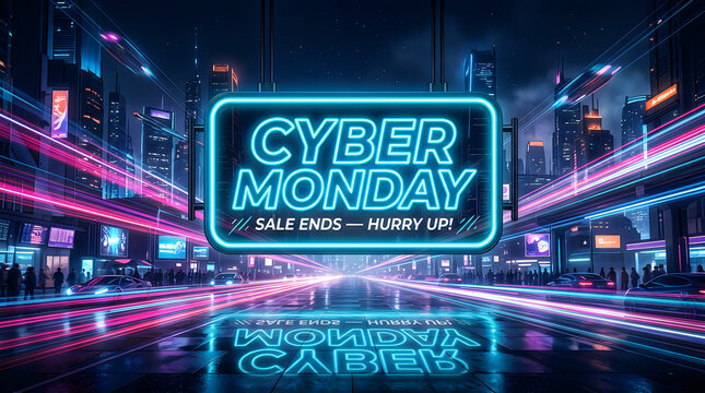 Neon cyber monday sign glowing above a futuristic city street at night with vibrant purple and blue lights