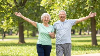 Naklejka premium Happy senior couple exercising outdoors in a sunny park, elderly man and woman stretching arms and smiling joyfully during morning workout in beautiful green nature environment