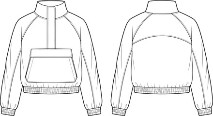 Women's half-zip anorak pullover jacket technical flat sketch template front and back view for fashion tech pack © MD