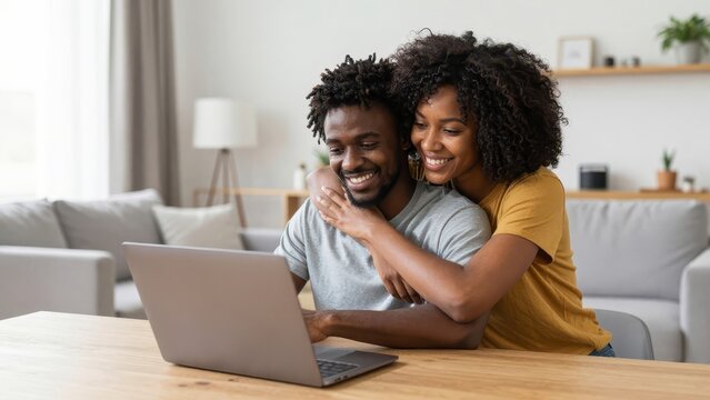 Happy young African American couple embracing and smiling while looking at laptop computer screen in bright modern living room during their relaxed afternoon at home together