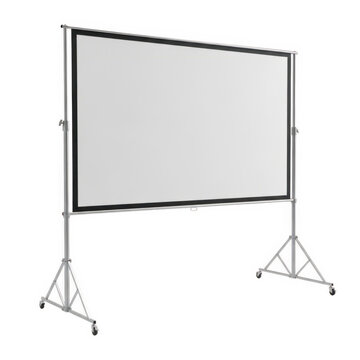 Empty white pull-out projection screen on stands