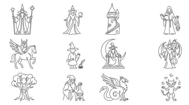Collection of Magic and Fantasy Character Line Art Icons Set