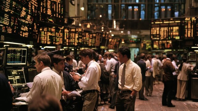A crowded trading floor with traders in white shirts and ties, busy with transactions and data screens.