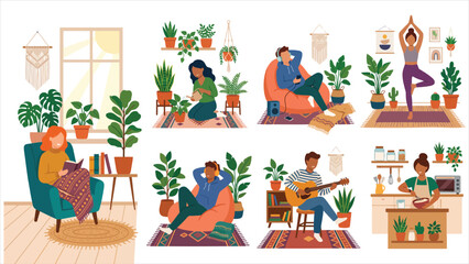 Fototapeta premium Remote Work Office Employee Collection. Man Working on Laptop and Computer with Cat and Dog in Home Office Flat Vector Set.