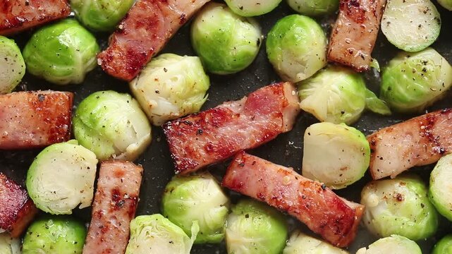 Stir-frying thick-sliced bacon with Brussels sprouts in a hot pan. Top view shot
