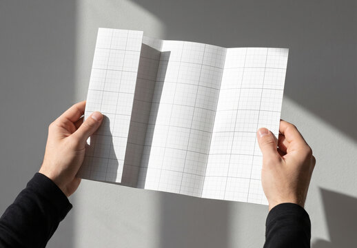 Hands Holding Four Accorderon Pages Flyer Brochure Mockup