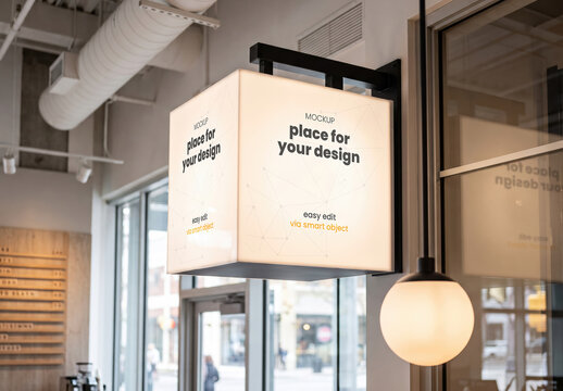 Illuminated Cube Lightbox on Bar Restaurant Mockup